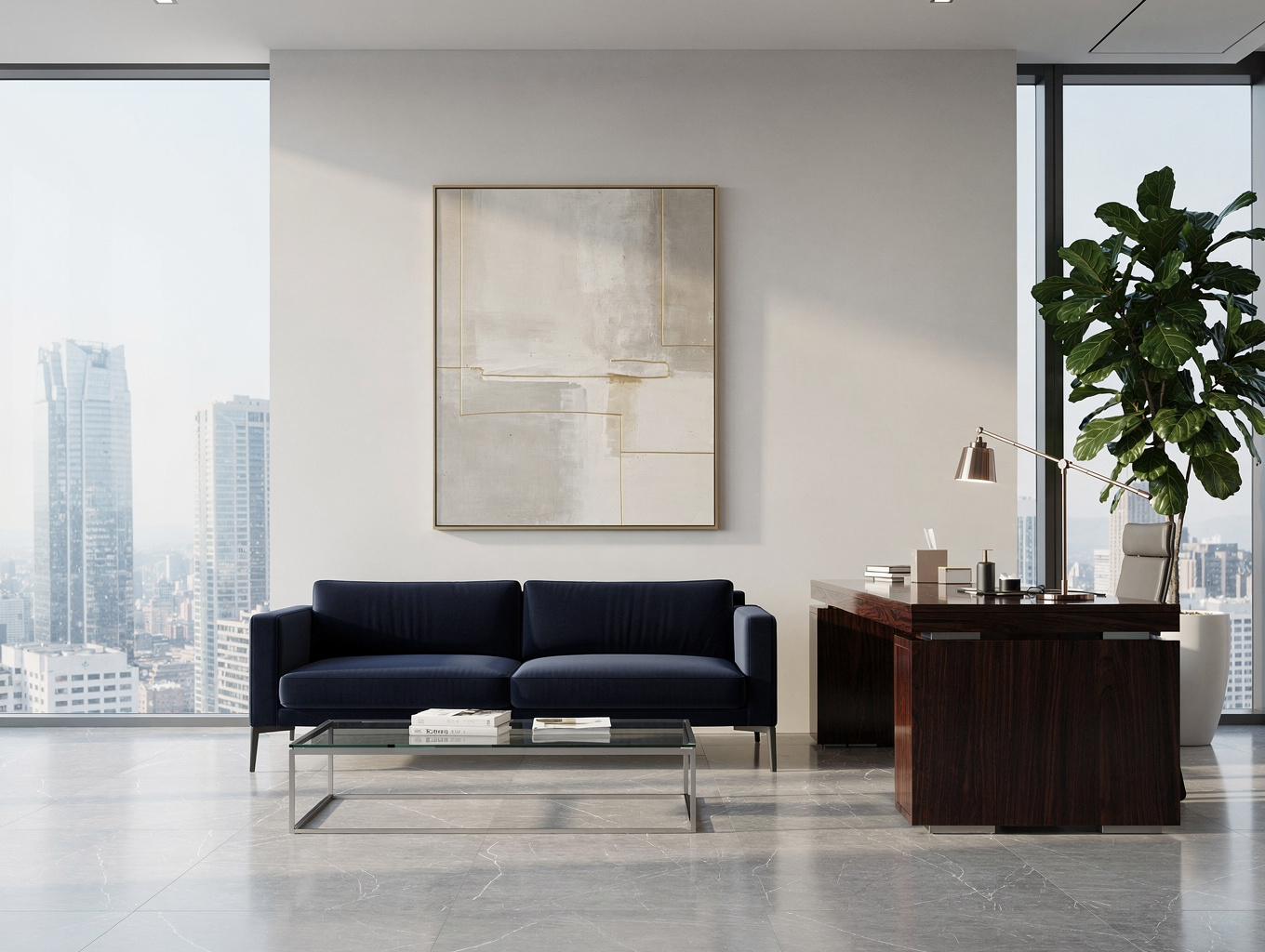 Modern executive suite interior with warm wood tones
